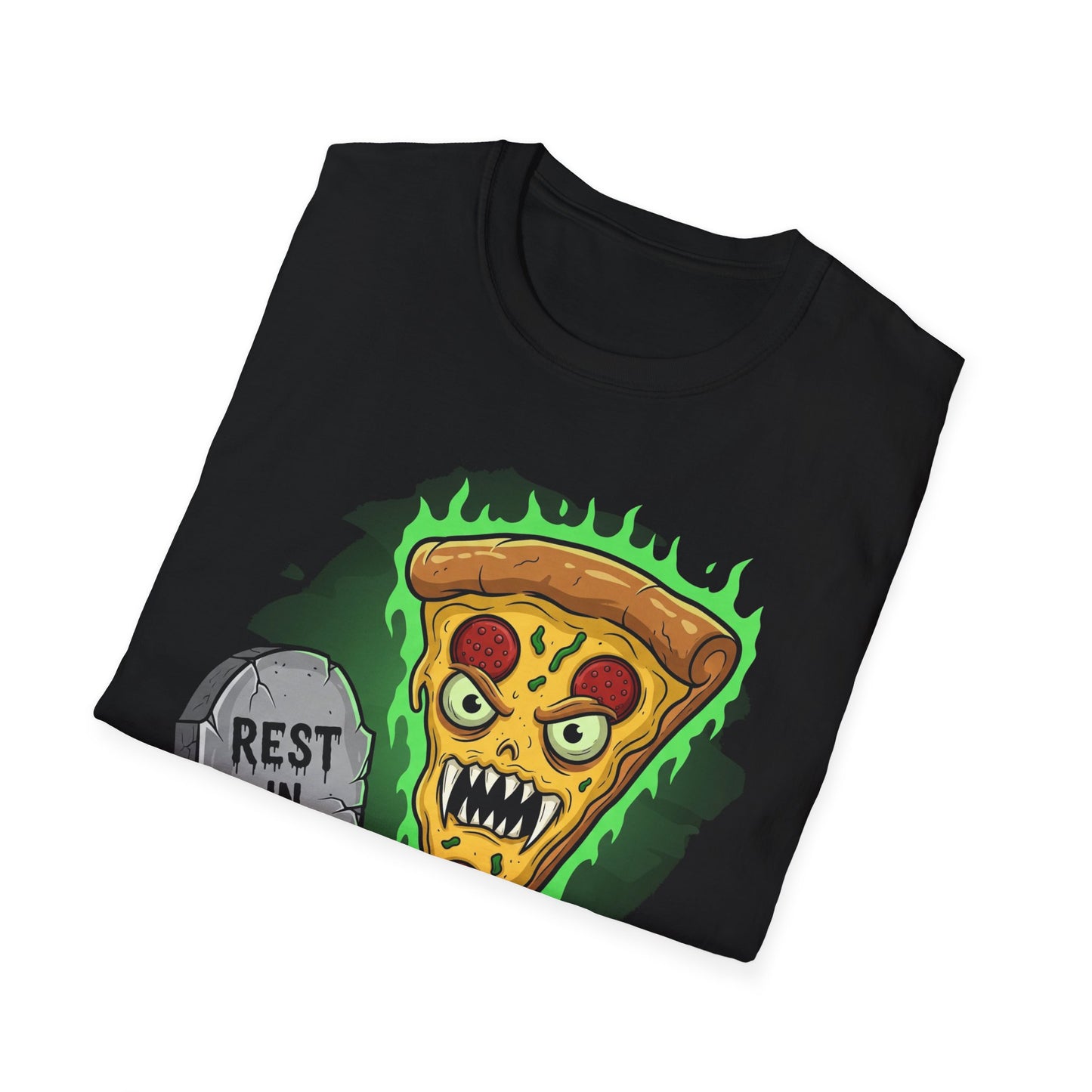 Rest In Pizza-Themed Graphic Tee for Food Lovers, Halloween Costume, Rest in Pizza Shirt, Fun Gift, Unisex Softstyle T-Shirt