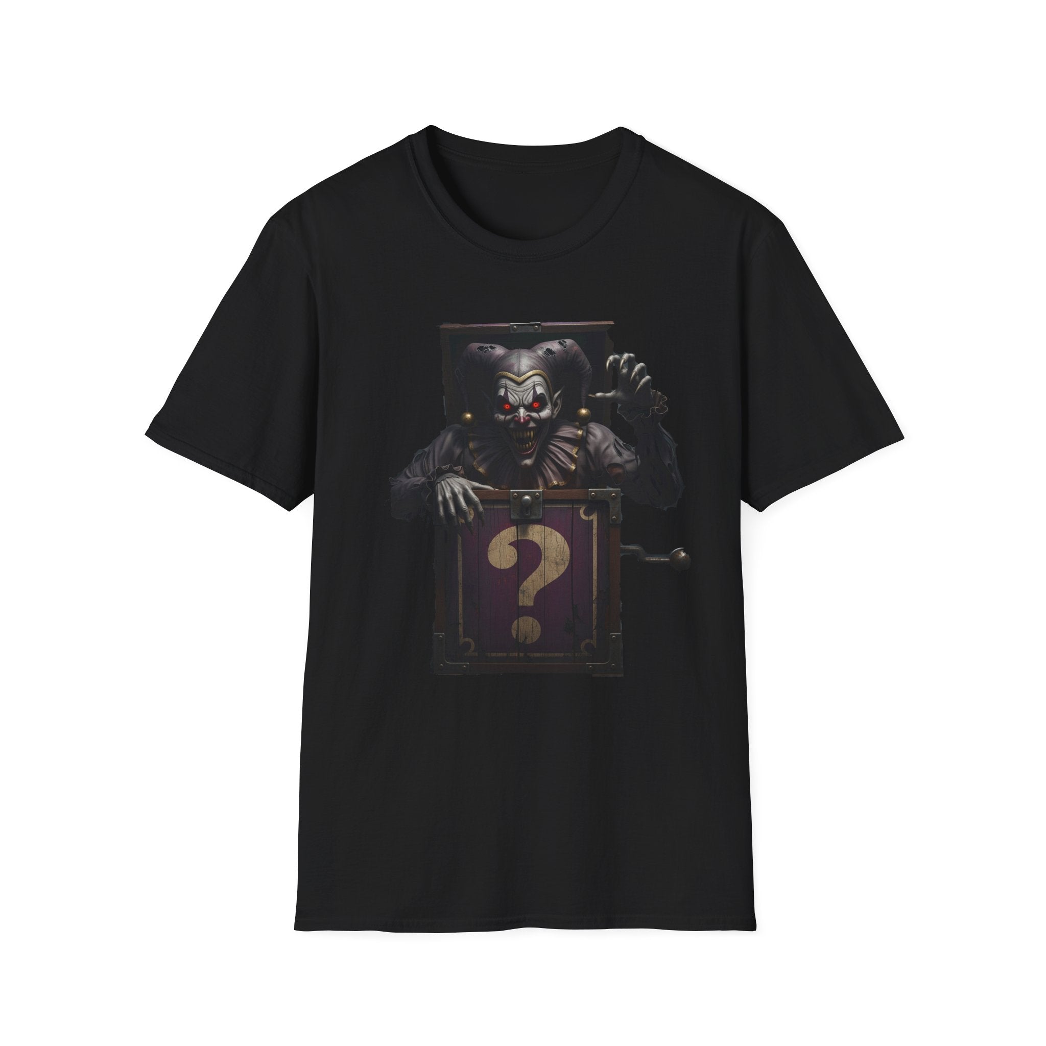 Mystery Demon Jester Clown Jack In A Box Unisex T-Shirt, Horror Tee, Spooky Shirt, Halloween Costume, Fun House Apparel, Gift for Horror Fans