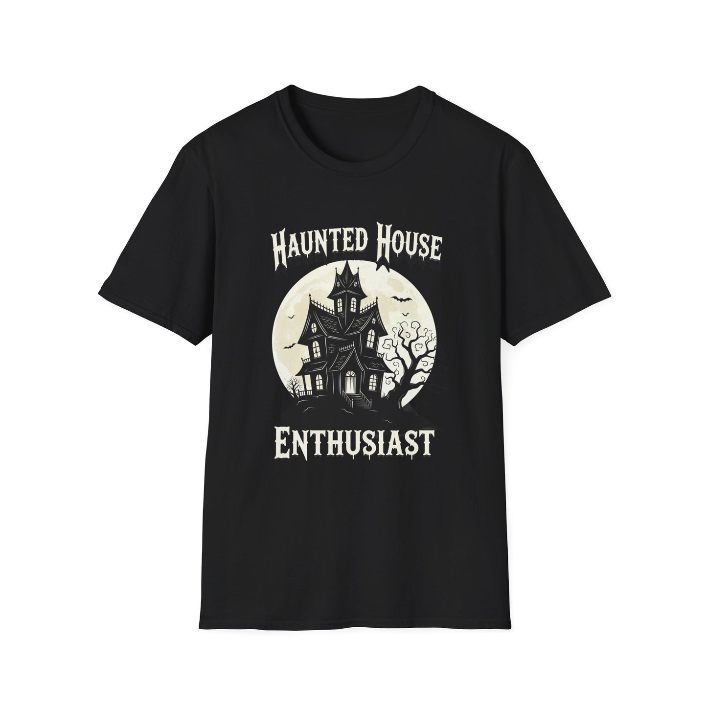 Haunted House Enthusiast Unisex Softstyle T-Shirt | Spooky Vibes, Halloween Costume, Gift for Ghost Lovers, Autumn Wardrobe Essential