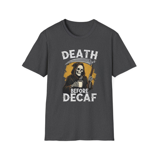 Death Before Decaf T-Shirt, Funny Coffee Shirt, Unisex Casual Tee, Gift for Coffee Lovers, Halloween Apparel, Graphic Tee