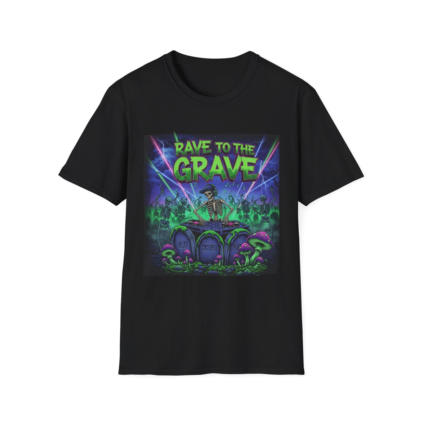 Rave to the Grave Unisex Softstyle T-Shirt | Festival Tee, Edgy Graphic Shirt, Concert Outfit, Alternative Apparel, Unique Gift
