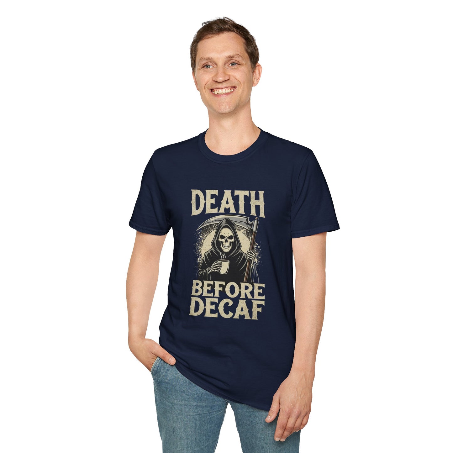 Humorous Graphic T-Shirt for Coffee Lovers, Funny Death Before Decaf Tee, Gift for Baristas, Halloween Apparel, Unisex Softstyle Shirt