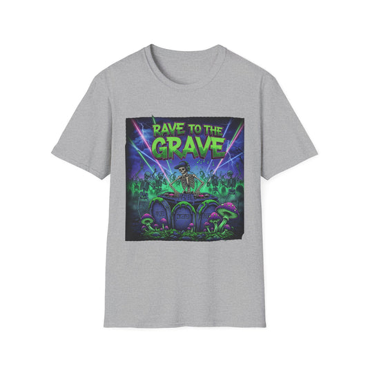 Rave to the Grave Unisex Softstyle T-Shirt | Festival Tee, Edgy Graphic Shirt, Concert Outfit, Alternative Apparel, Unique Gift