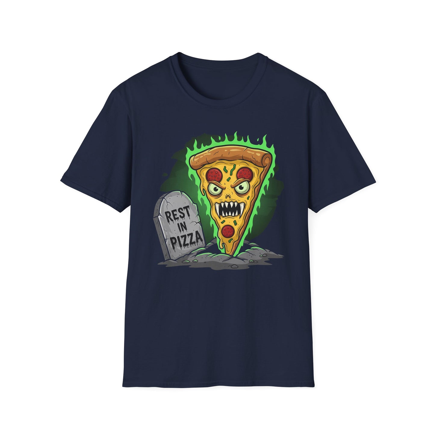 Rest In Pizza-Themed Graphic Tee for Food Lovers, Halloween Costume, Rest in Pizza Shirt, Fun Gift, Unisex Softstyle T-Shirt