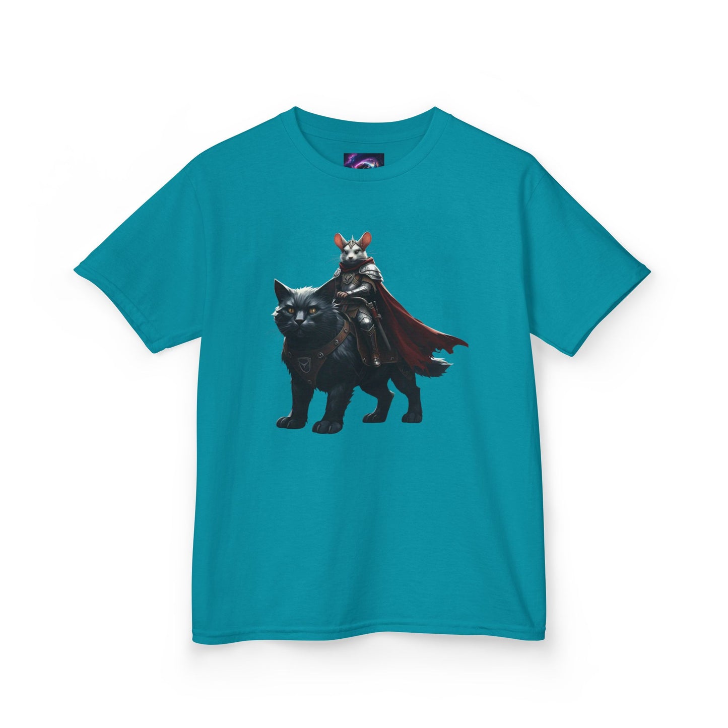 Kids Fantasy Adventure Mouse Riding Battle Cat Tee - Knight with Wolf Design
