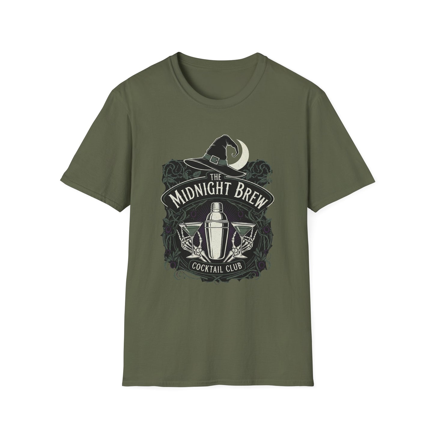 Midnight Brew Cocktail Club T-Shirt | Unisex Softstyle Tee, Barware Lovers Gift, Cocktail Party Attire, Fun Drinking Shirt, Night Out Wear