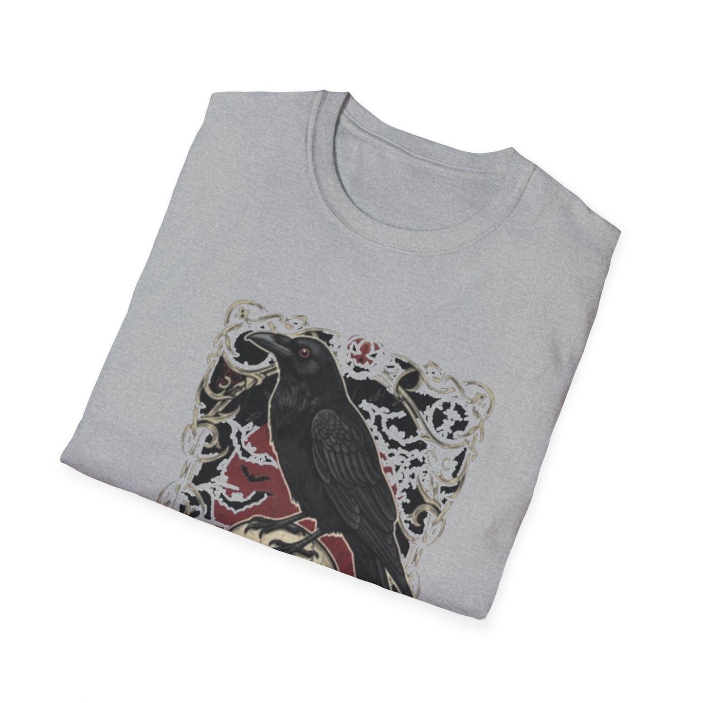 Gothic Raven and Skull T-Shirt | Unisex Softstyle Tee for Halloween, Dark Aesthetic, Casual Wear, Unique Gift, Spooky Vibes