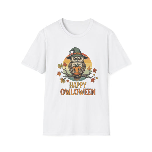Halloween Happy Owl O Ween Graphic Tee, Casual Fall T-Shirt, Seasonal Gift, Unisex Halloween Shirt, Fun Halloween Outfit