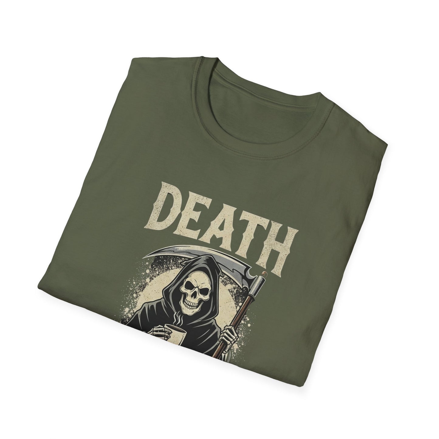 Humorous Graphic T-Shirt for Coffee Lovers, Funny Death Before Decaf Tee, Gift for Baristas, Halloween Apparel, Unisex Softstyle Shirt