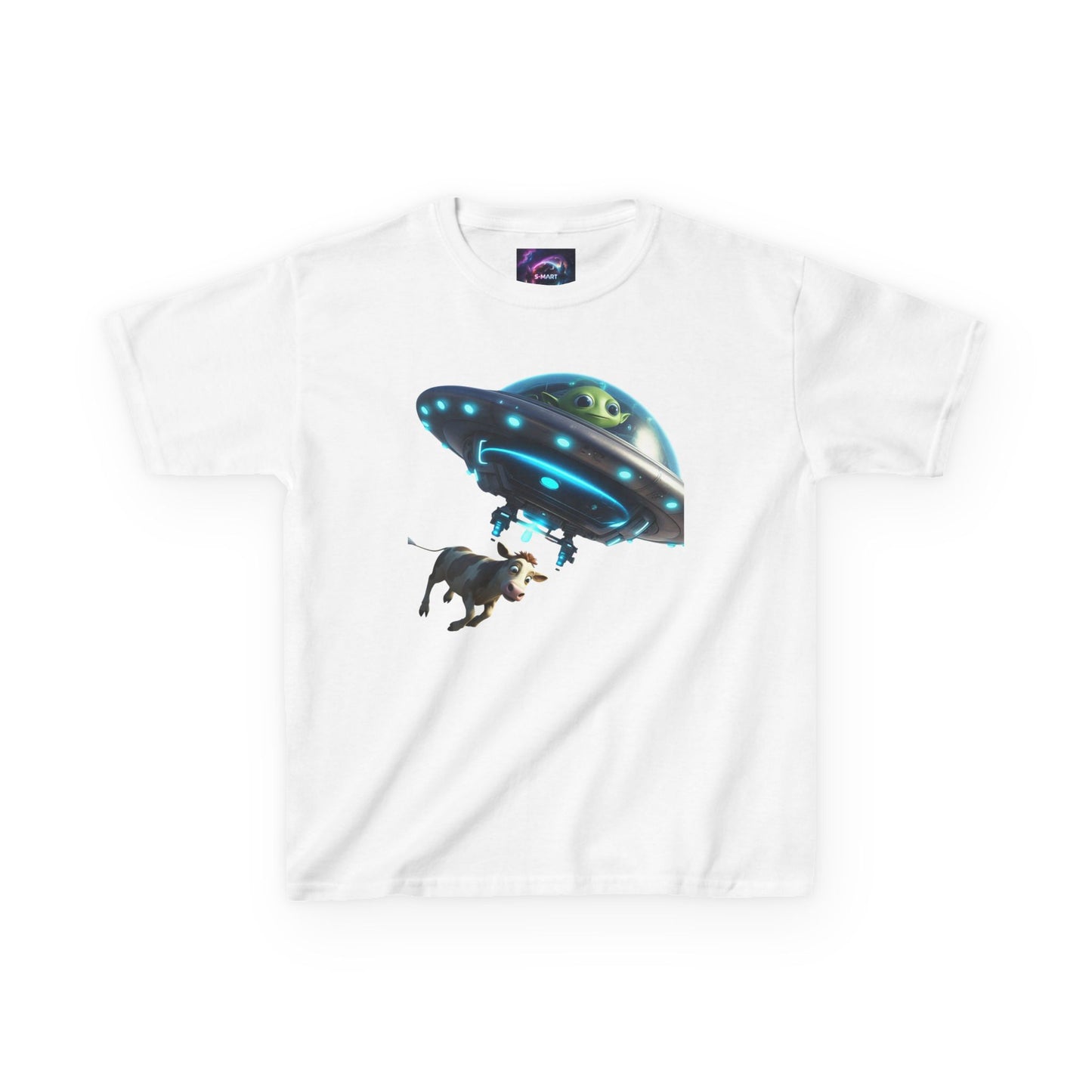 Kids UFO Cow Abduction Heavy Cotton Tee - Fun and Quirky Graphic T-Shirt for Young Explorers