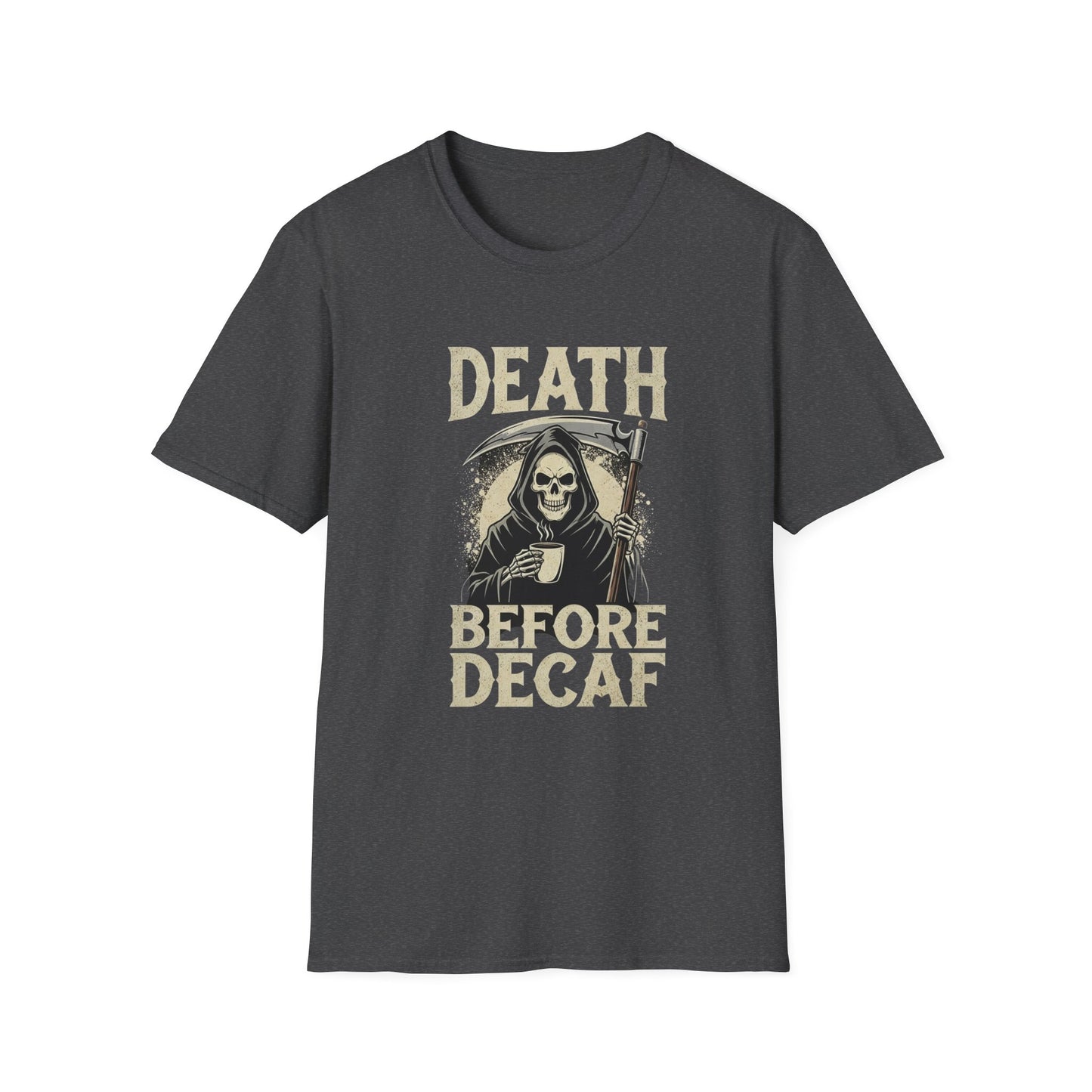 Humorous Graphic T-Shirt for Coffee Lovers, Funny Death Before Decaf Tee, Gift for Baristas, Halloween Apparel, Unisex Softstyle Shirt