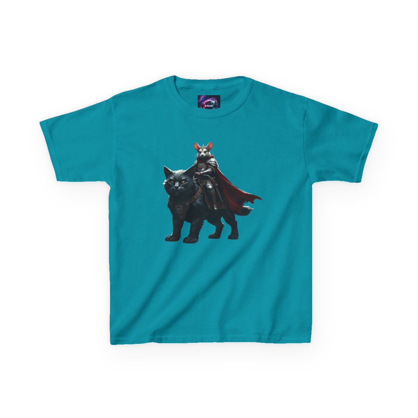 Kids Fantasy Adventure Mouse Riding Battle Cat Tee - Knight with Wolf Design