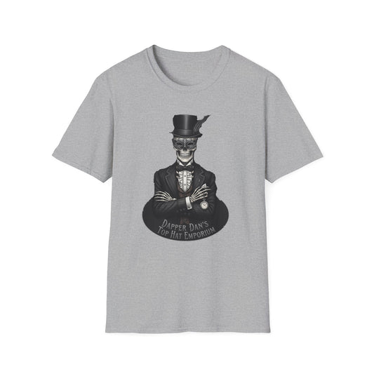 Dapper Dans Top Hat Emporium T-Shirt, Skeleton Shirt, Unisex Graphic Tee, Halloween Apparel, Unique Gift for Goth Style