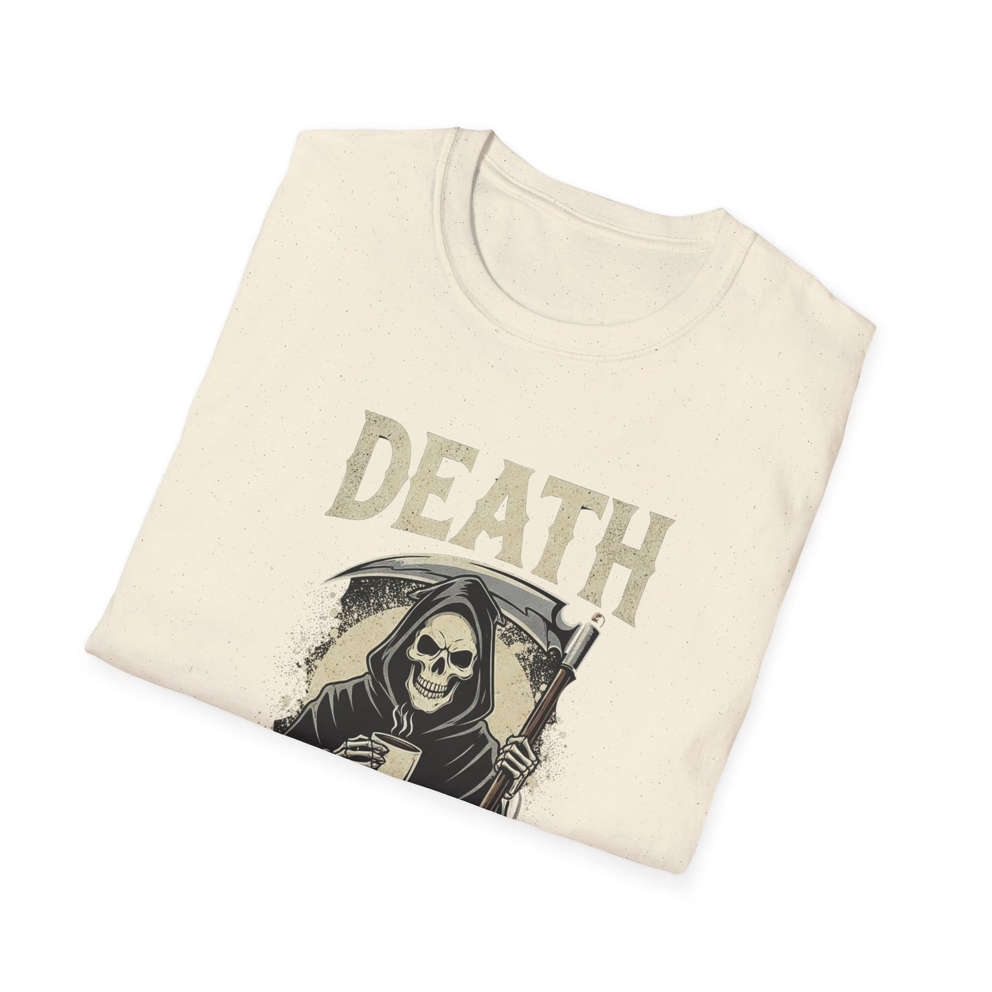 Humorous Graphic T-Shirt for Coffee Lovers, Funny Death Before Decaf Tee, Gift for Baristas, Halloween Apparel, Unisex Softstyle Shirt