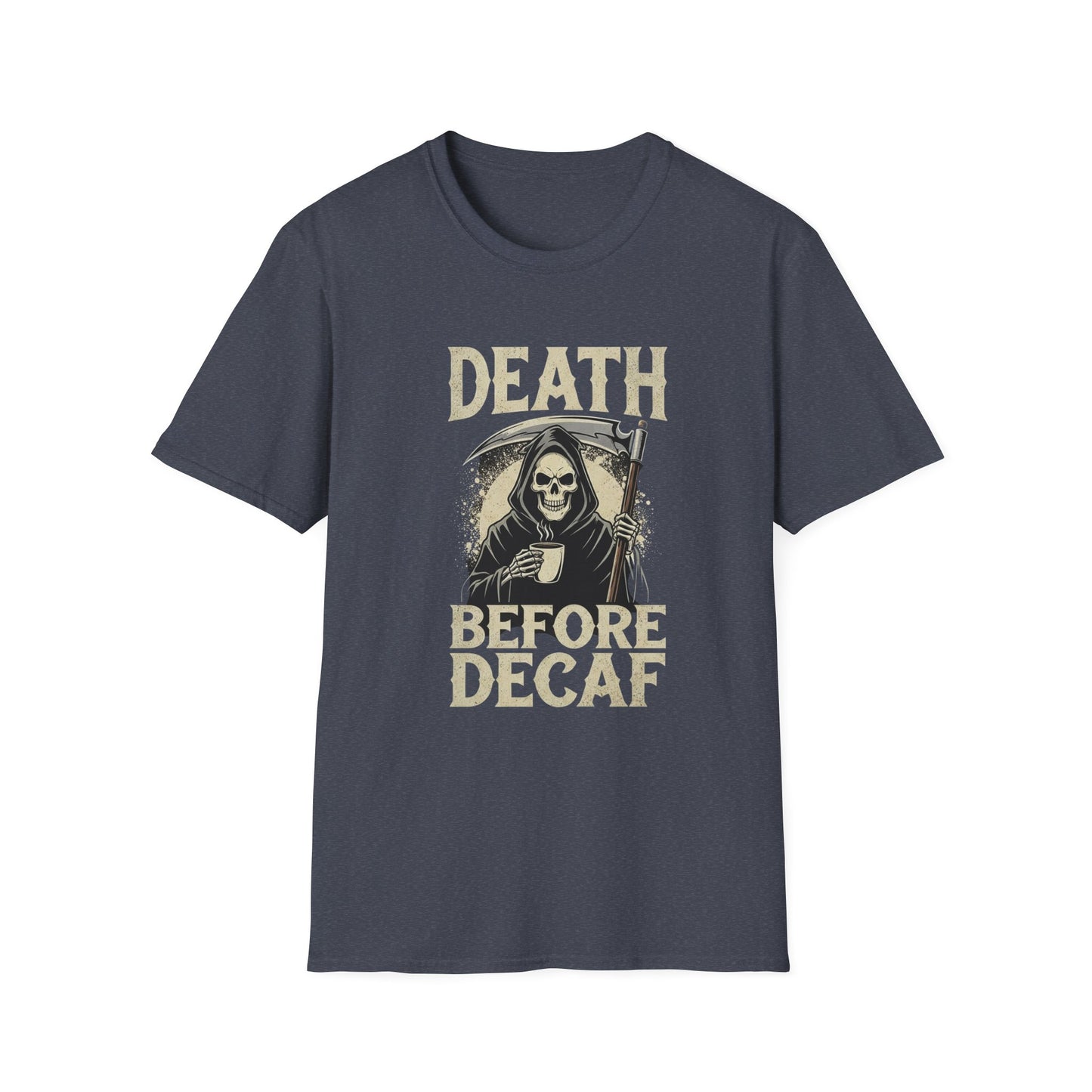 Humorous Graphic T-Shirt for Coffee Lovers, Funny Death Before Decaf Tee, Gift for Baristas, Halloween Apparel, Unisex Softstyle Shirt