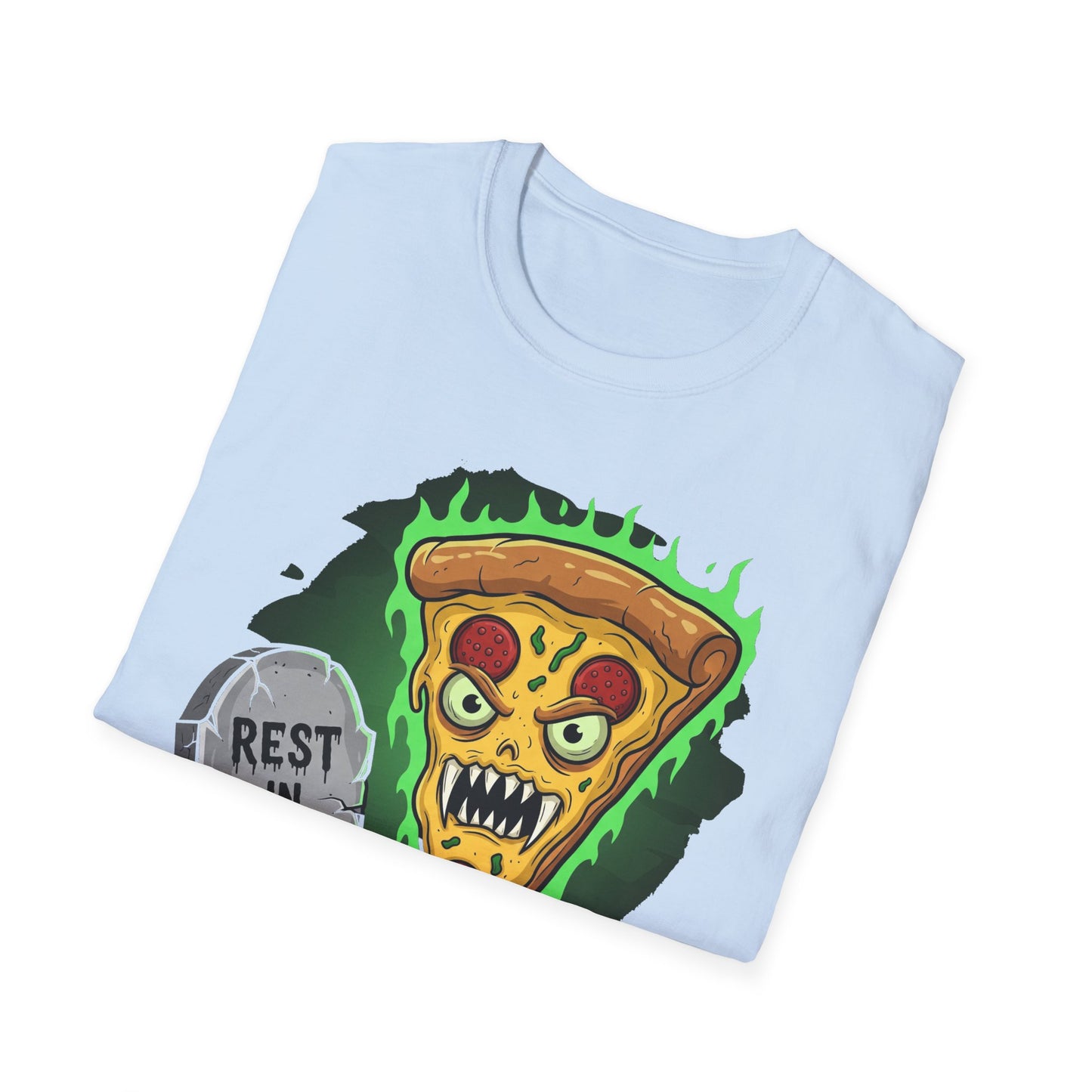 Rest In Pizza-Themed Graphic Tee for Food Lovers, Halloween Costume, Rest in Pizza Shirt, Fun Gift, Unisex Softstyle T-Shirt