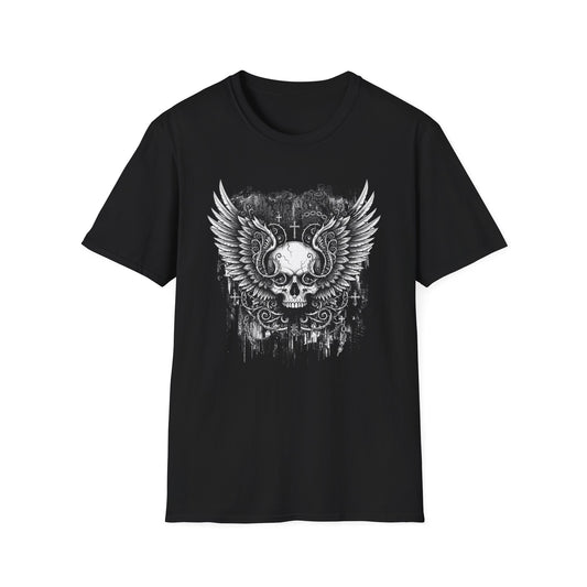 Gothic Winged Skull T-Shirt | Unisex Graphic Tee for Music Lovers, Halloween, Casual Wear, Gift for Him & Her