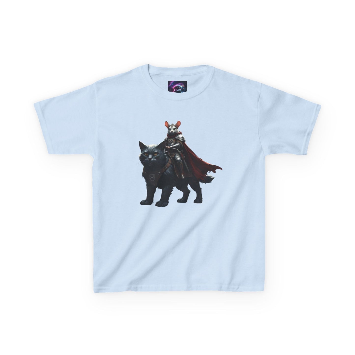 Kids Fantasy Adventure Mouse Riding Battle Cat Tee - Knight with Wolf Design