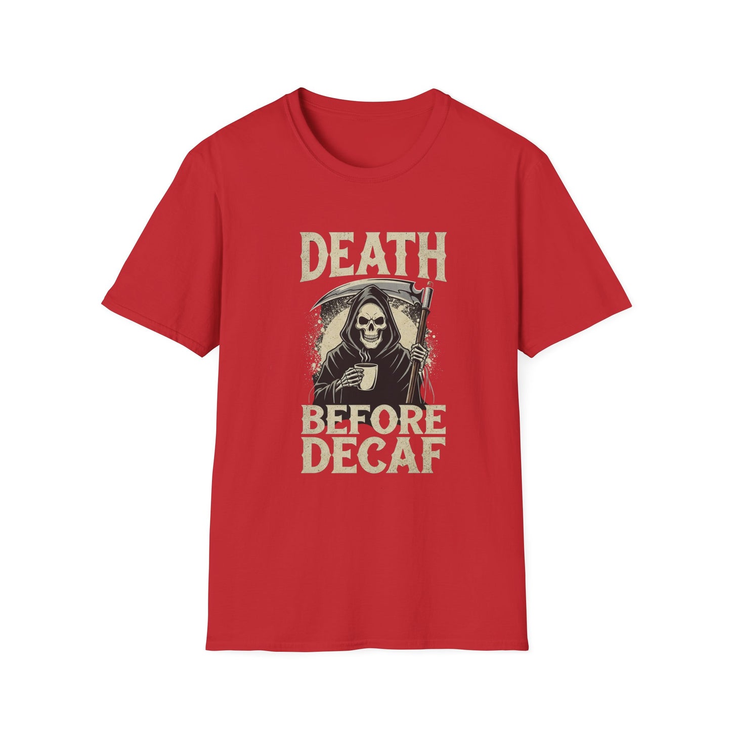 Humorous Graphic T-Shirt for Coffee Lovers, Funny Death Before Decaf Tee, Gift for Baristas, Halloween Apparel, Unisex Softstyle Shirt