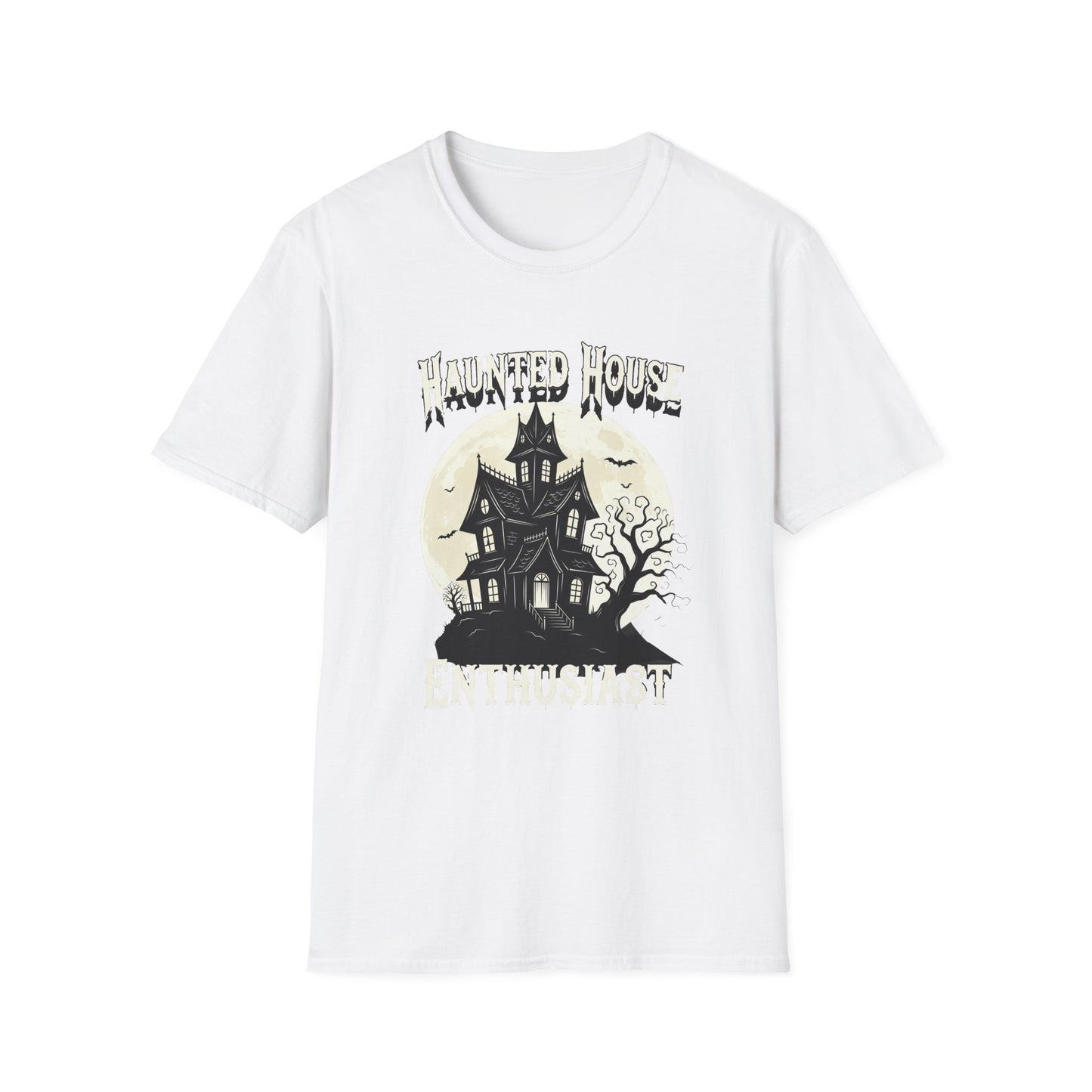 Haunted House Enthusiast Unisex Softstyle T-Shirt | Spooky Vibes, Halloween Costume, Gift for Ghost Lovers, Autumn Wardrobe Essential