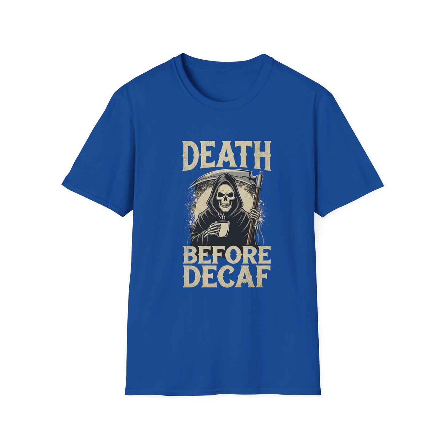 Humorous Graphic T-Shirt for Coffee Lovers, Funny Death Before Decaf Tee, Gift for Baristas, Halloween Apparel, Unisex Softstyle Shirt