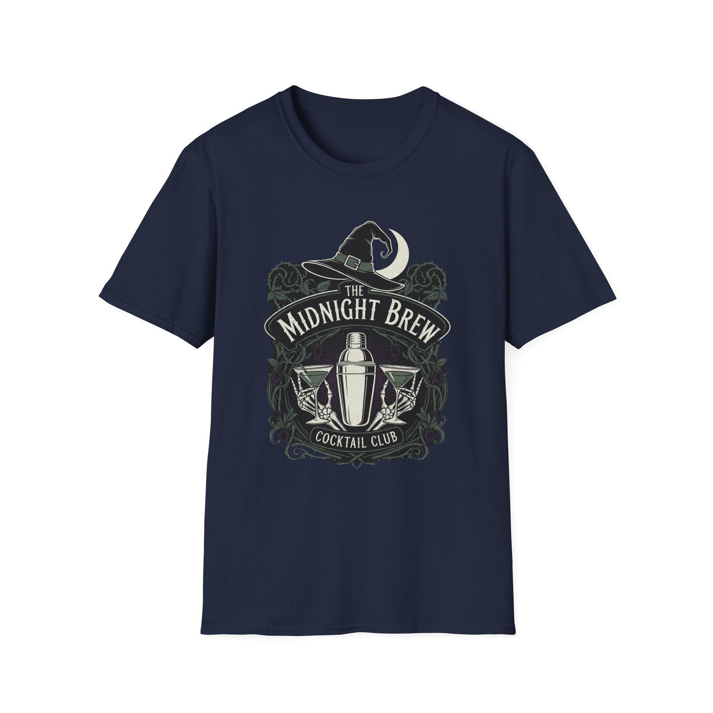 Midnight Brew Cocktail Club T-Shirt | Unisex Softstyle Tee, Barware Lovers Gift, Cocktail Party Attire, Fun Drinking Shirt, Night Out Wear