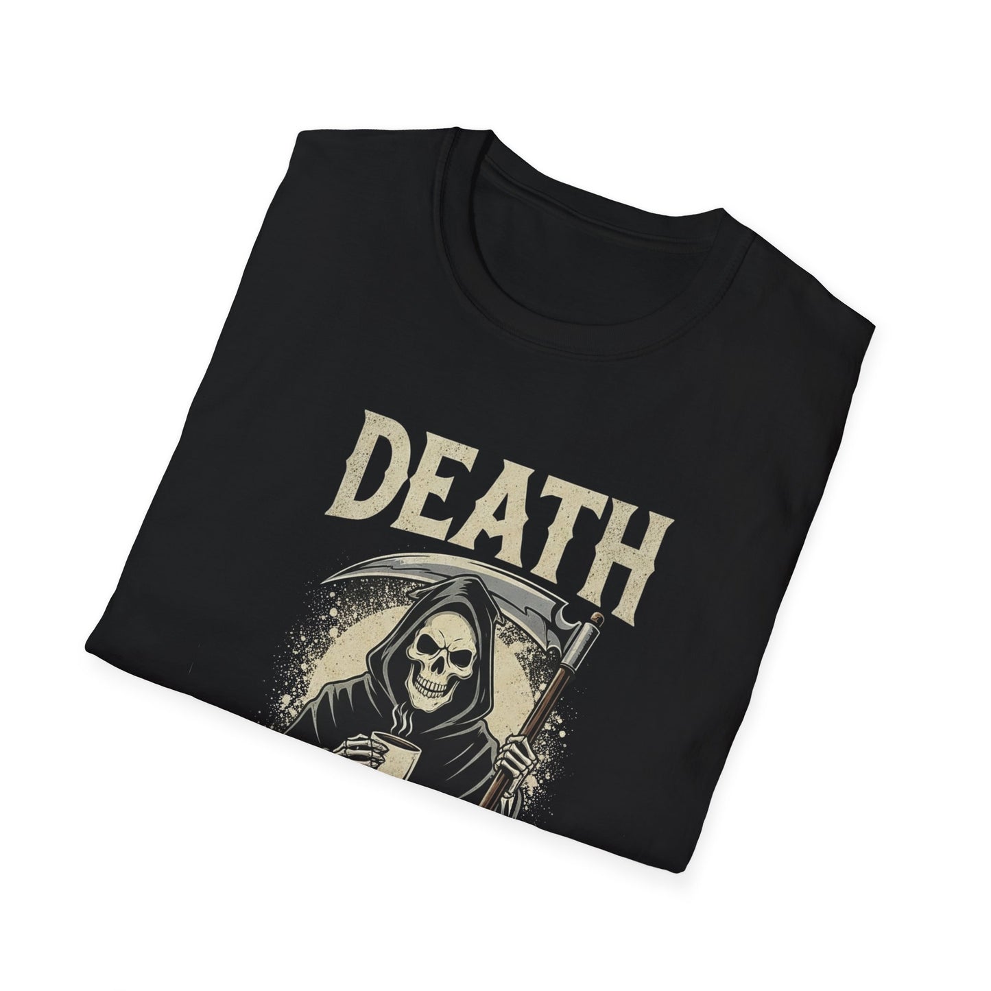 Humorous Graphic T-Shirt for Coffee Lovers, Funny Death Before Decaf Tee, Gift for Baristas, Halloween Apparel, Unisex Softstyle Shirt