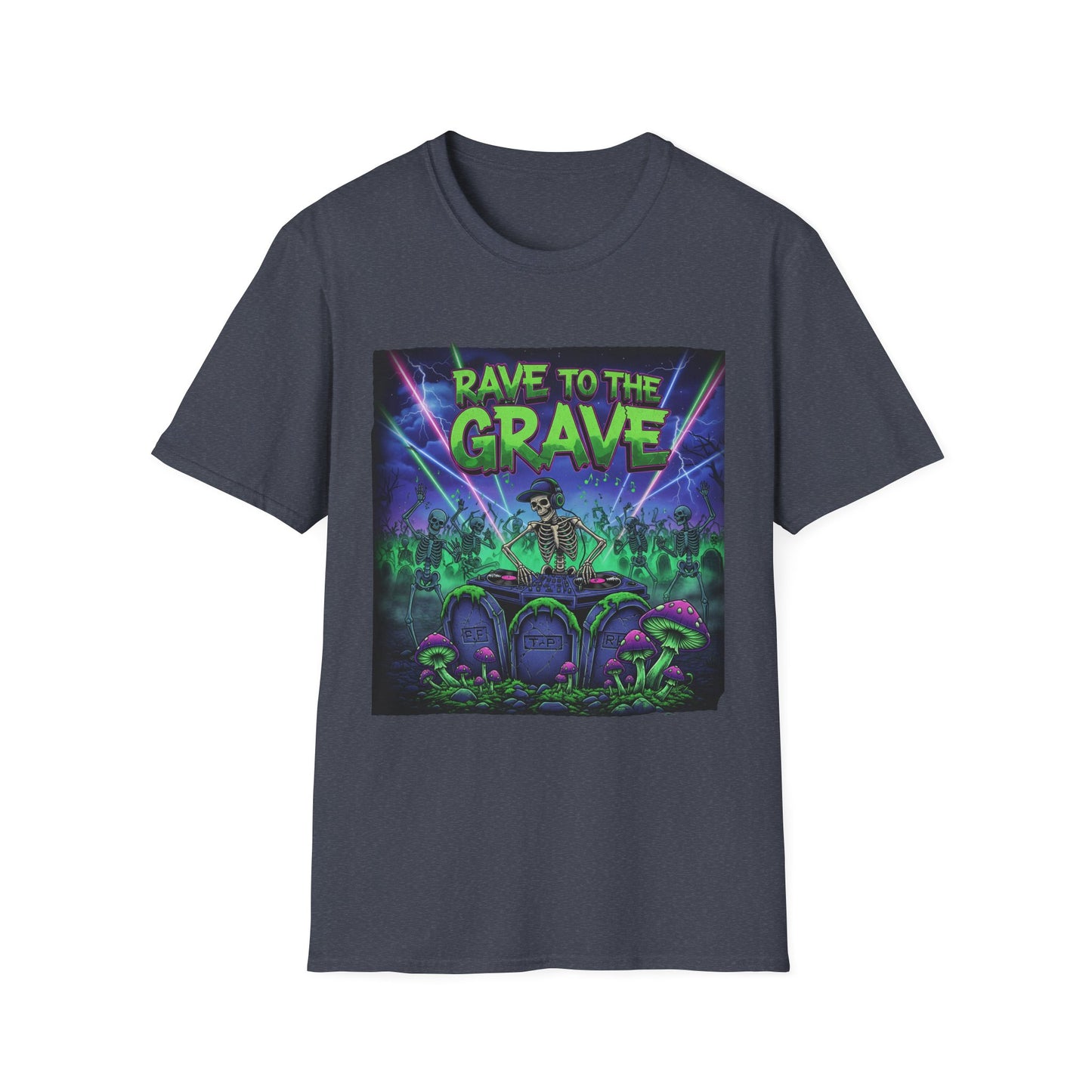 Rave to the Grave Unisex Softstyle T-Shirt | Festival Tee, Edgy Graphic Shirt, Concert Outfit, Alternative Apparel, Unique Gift
