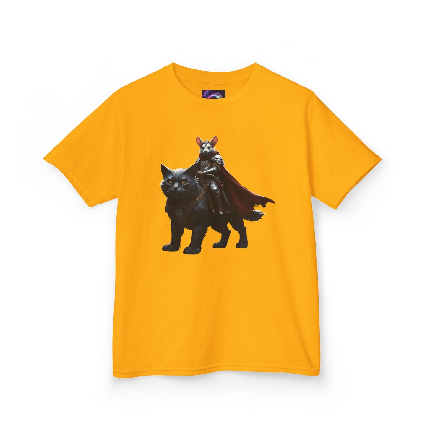 Kids Fantasy Adventure Mouse Riding Battle Cat Tee - Knight with Wolf Design