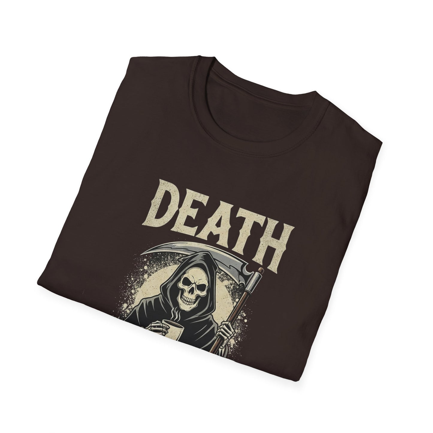 Humorous Graphic T-Shirt for Coffee Lovers, Funny Death Before Decaf Tee, Gift for Baristas, Halloween Apparel, Unisex Softstyle Shirt