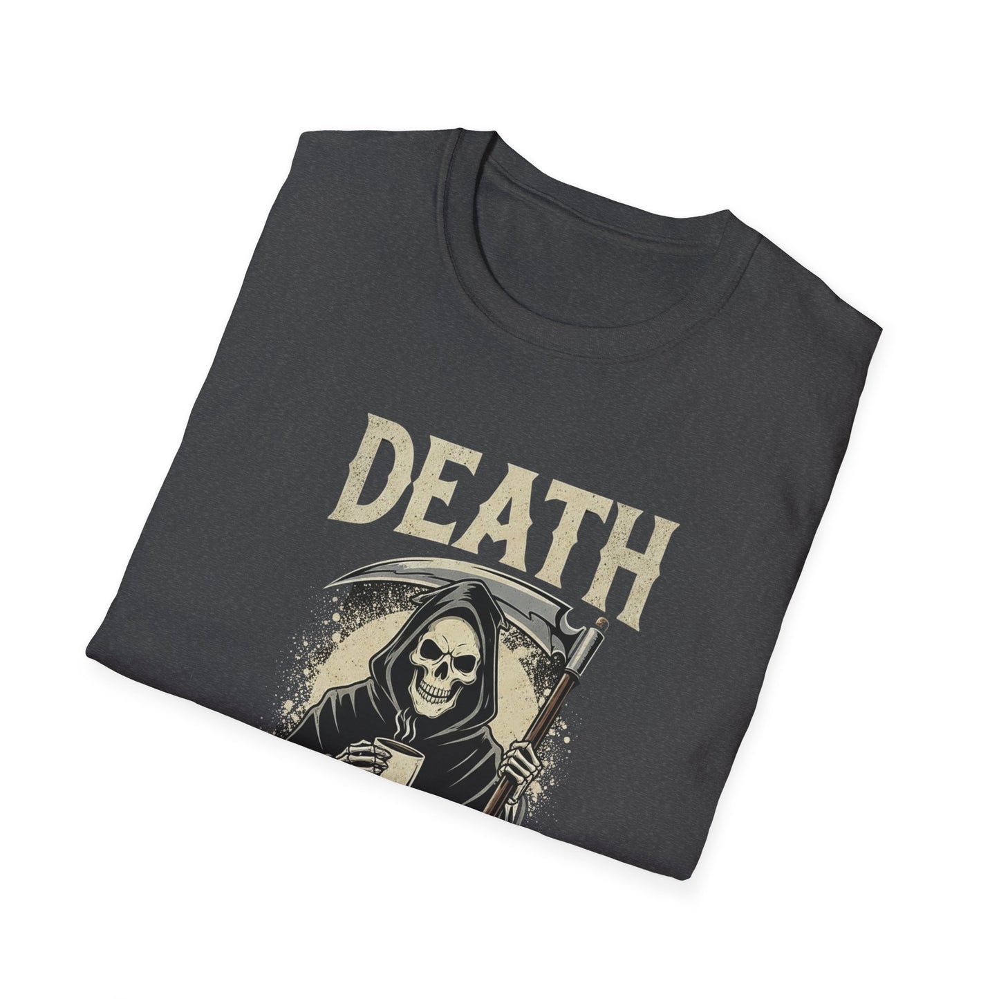 Humorous Graphic T-Shirt for Coffee Lovers, Funny Death Before Decaf Tee, Gift for Baristas, Halloween Apparel, Unisex Softstyle Shirt