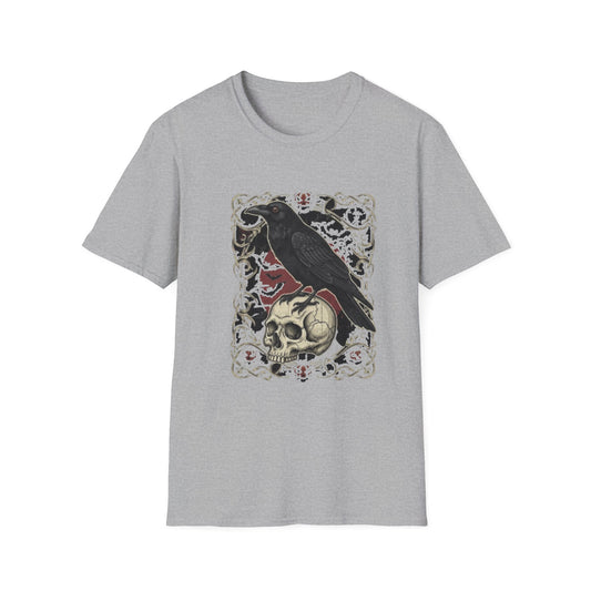 Gothic Raven and Skull T-Shirt | Unisex Softstyle Tee for Halloween, Dark Aesthetic, Casual Wear, Unique Gift, Spooky Vibes