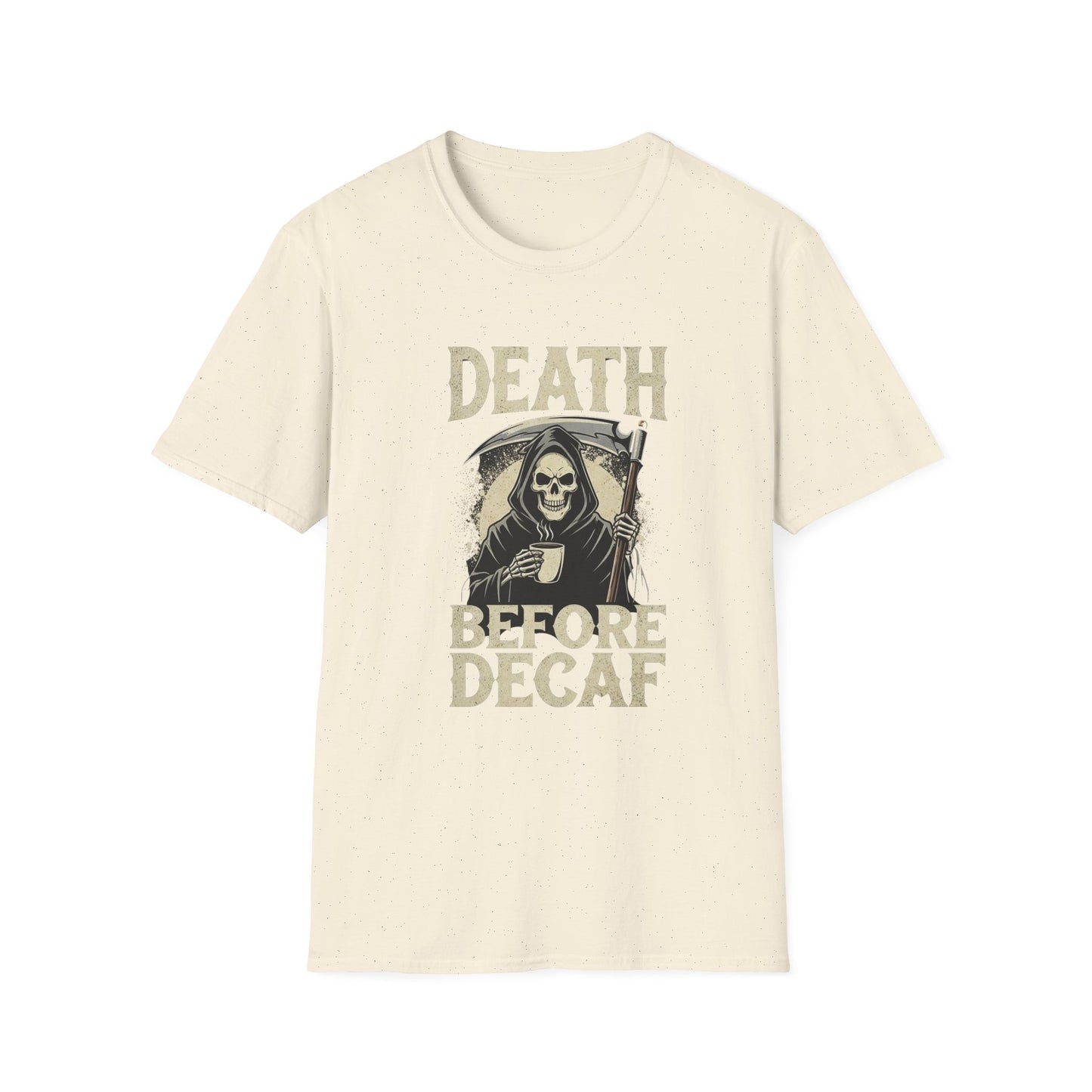 Humorous Graphic T-Shirt for Coffee Lovers, Funny Death Before Decaf Tee, Gift for Baristas, Halloween Apparel, Unisex Softstyle Shirt