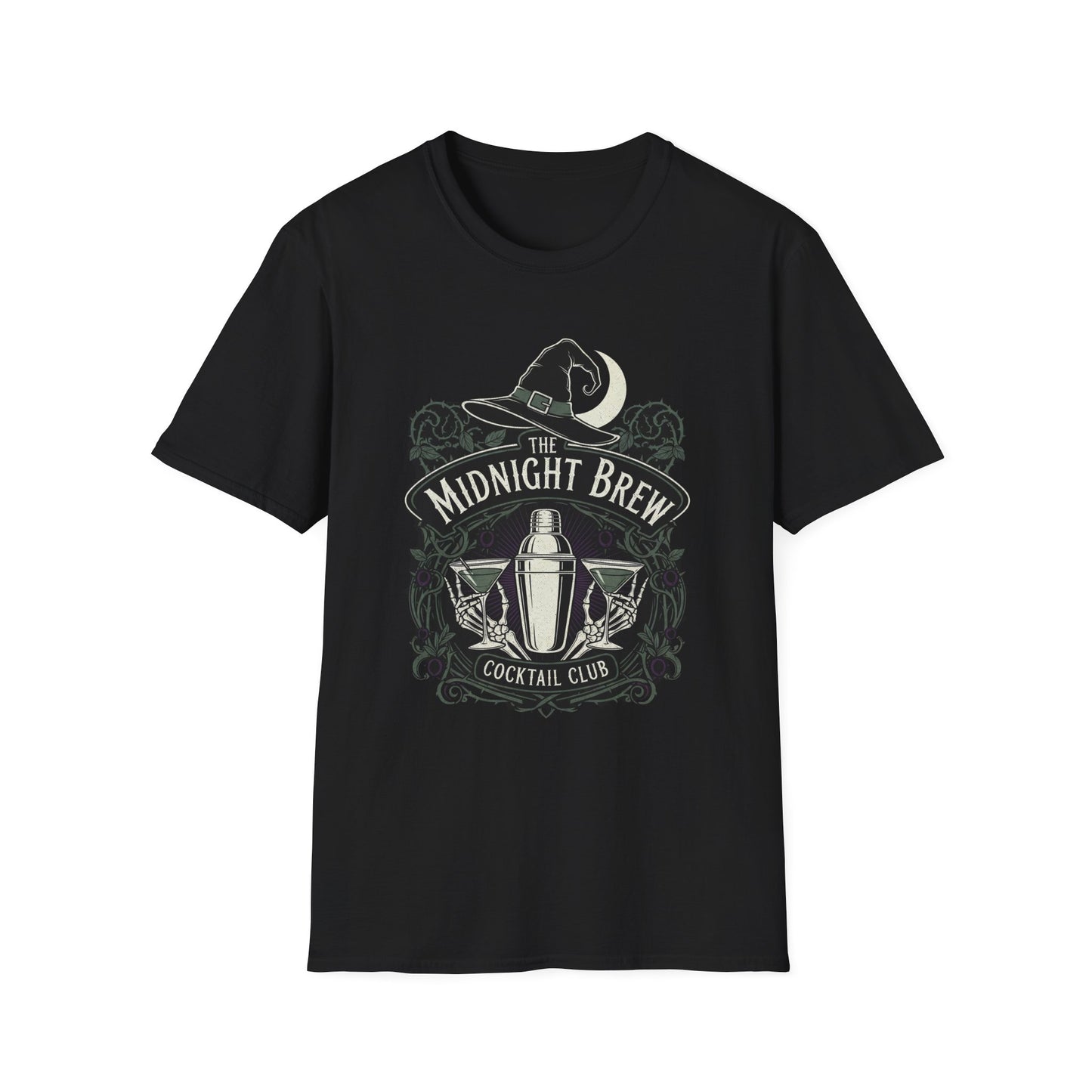 Midnight Brew Cocktail Club T-Shirt | Unisex Softstyle Tee, Barware Lovers Gift, Cocktail Party Attire, Fun Drinking Shirt, Night Out Wear