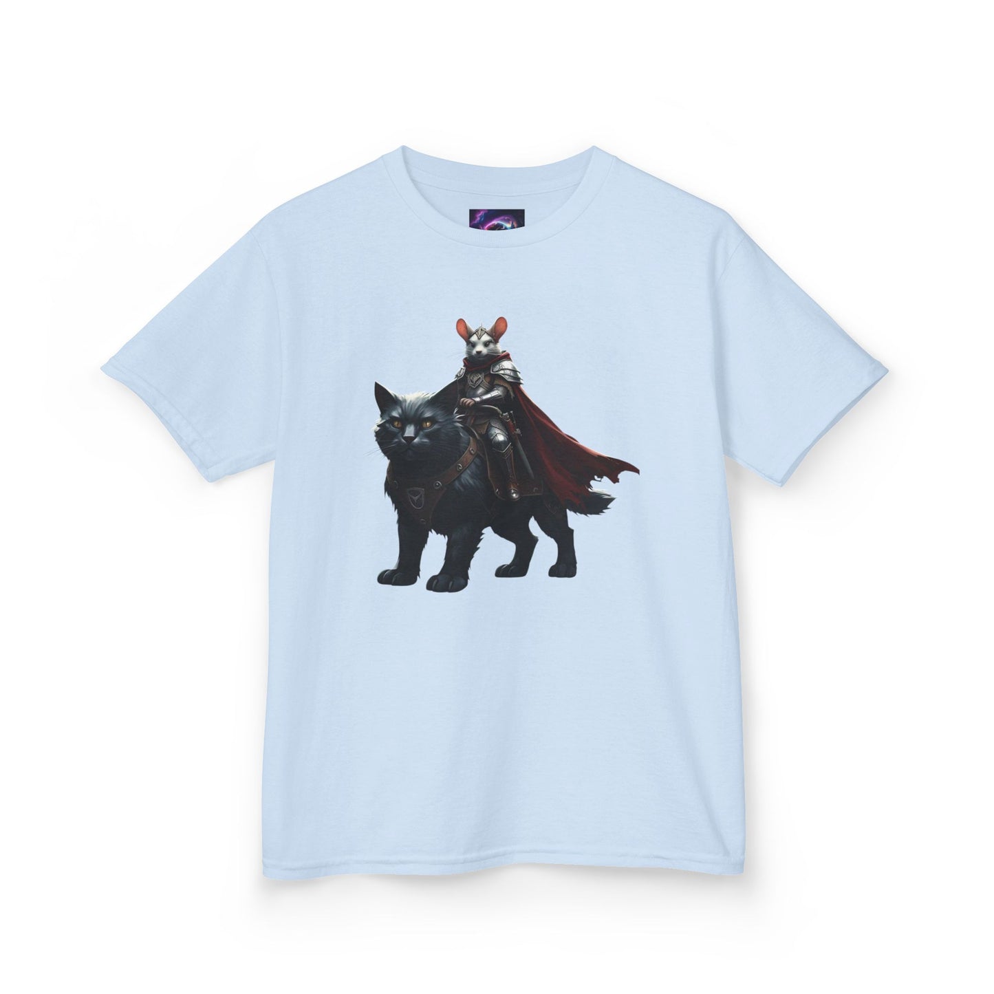 Kids Fantasy Adventure Mouse Riding Battle Cat Tee - Knight with Wolf Design