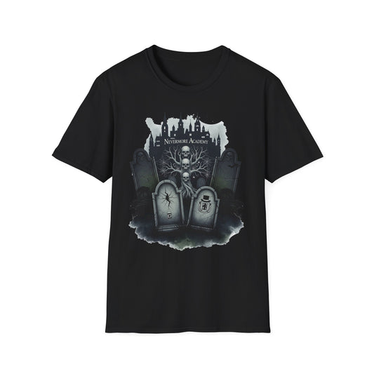 Nevermore Academy Spooky Graveyard T-Shirt - Unisex Halloween Tee, Nightmare Casual Wear, Horror Graphic Shirt, Perfect for Halloween Parties & Celebrations