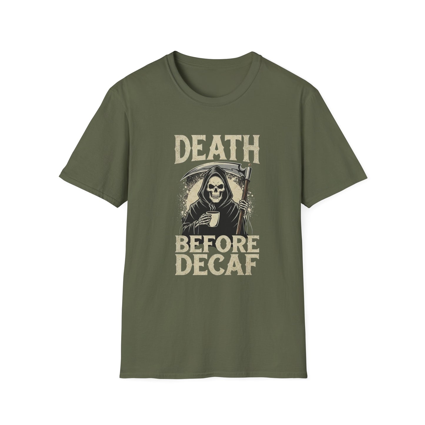 Humorous Graphic T-Shirt for Coffee Lovers, Funny Death Before Decaf Tee, Gift for Baristas, Halloween Apparel, Unisex Softstyle Shirt