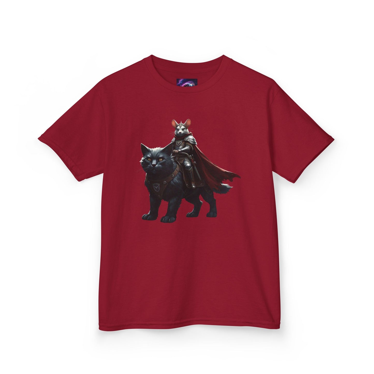 Kids Fantasy Adventure Mouse Riding Battle Cat Tee - Knight with Wolf Design
