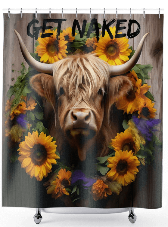 Stylishly decorated bathroom with modern home decor accents and a Highland cow shower curtain that says get naked  on it- S-Mart Shop Smart Treasures