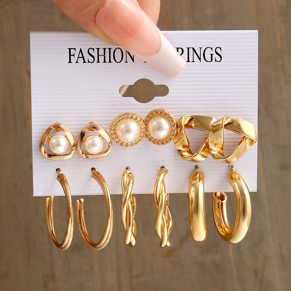 Gold Geometric Metal Vintage Pearl Inlaid Rhinestone Earrings Suit