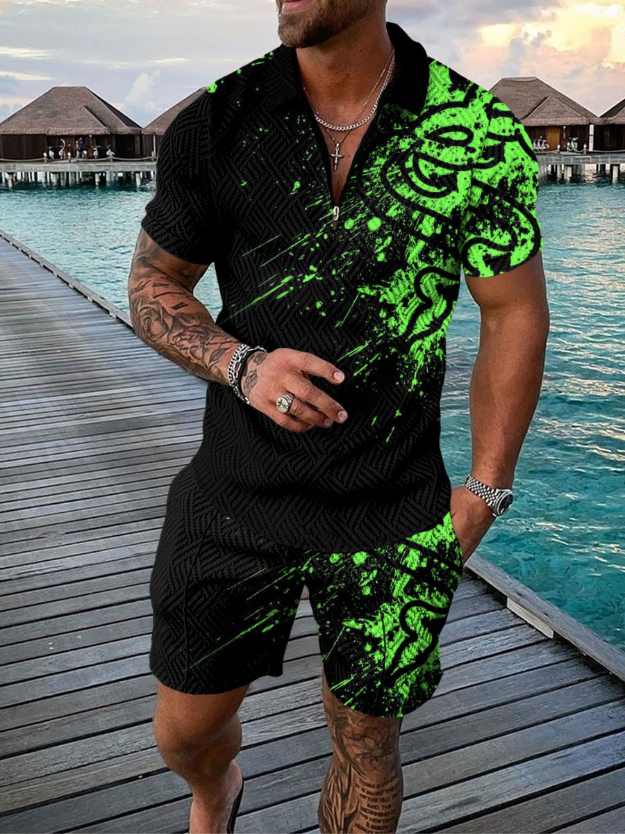 Men's Summer Fashion 3D Printed Short Sleeve Geometric Zip Lapel Shirt Set