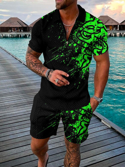 Men's Summer Fashion 3D Printed Short Sleeve Geometric Zip Lapel Shirt Set