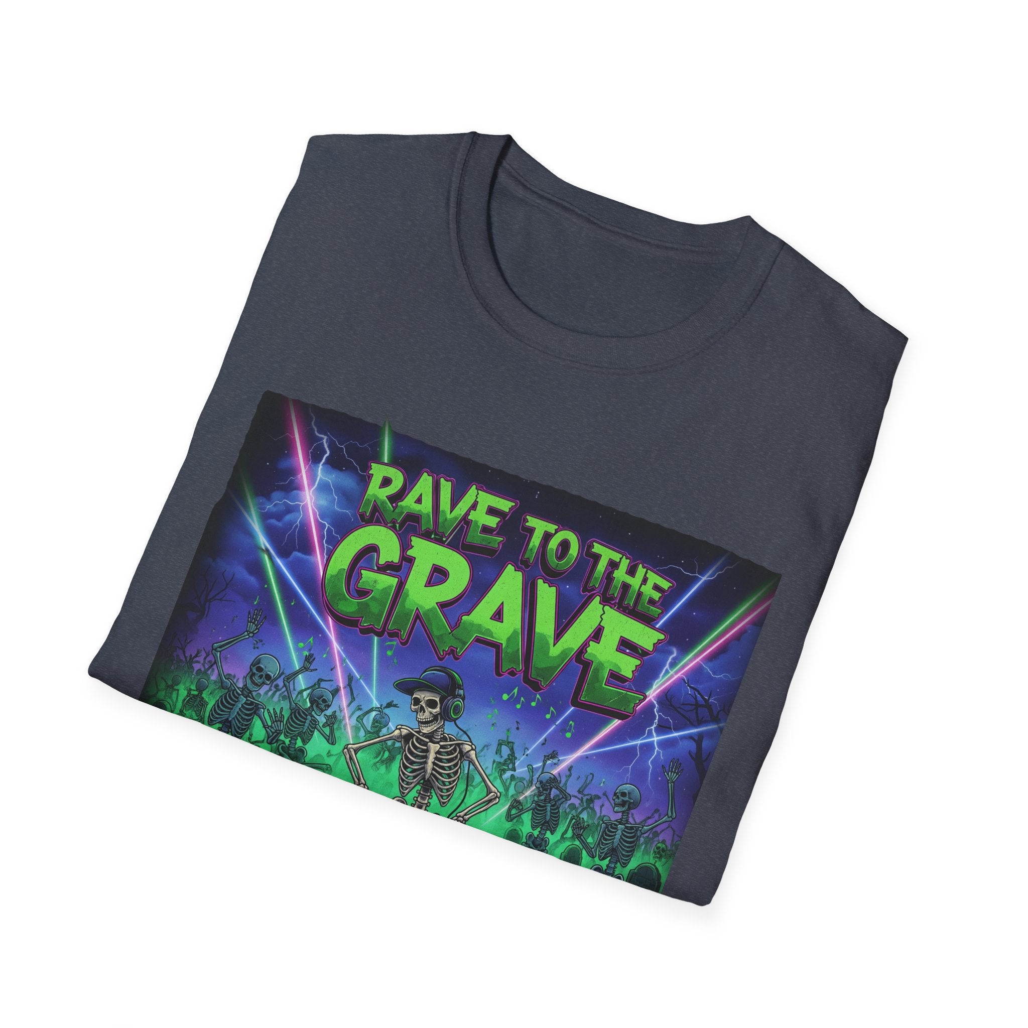 Rave to the Grave Unisex Softstyle T-Shirt | Festival Tee, Edgy Graphic Shirt, Concert Outfit, Alternative Apparel, Unique Gift