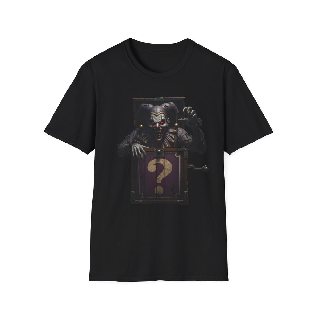 Mystery Demon Jester Clown Jack In A Box Unisex T-Shirt, Horror Tee, Spooky Shirt, Halloween Costume, Fun House Apparel, Gift for Horror Fans