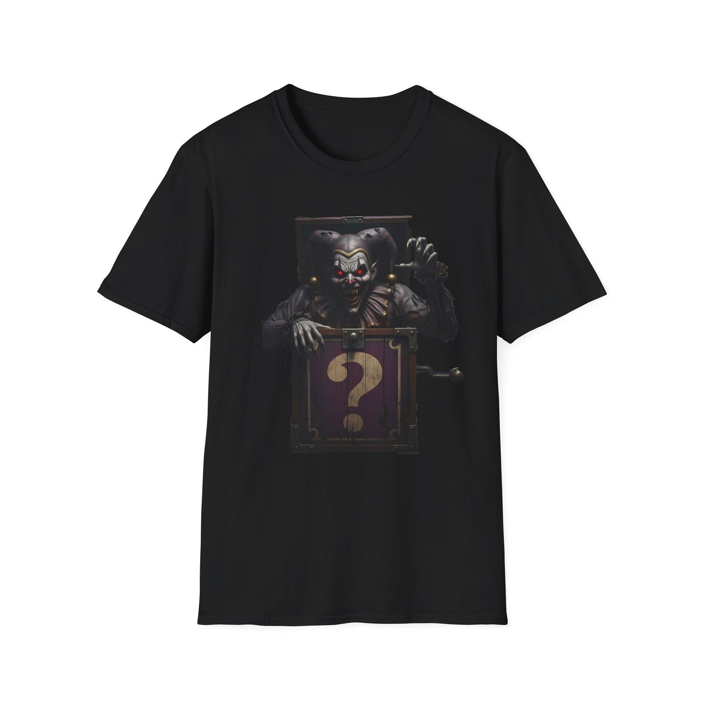 Mystery Demon Jester Clown Jack In A Box Unisex T-Shirt, Horror Tee, Spooky Shirt, Halloween Costume, Fun House Apparel, Gift for Horror Fans