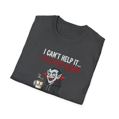 Coffee Lover's Vampire Its In My Blood Unisex T-Shirt, Funny Graphic Tee, Gift for Baristas, Coffee Addicts, Casual Wear, Halloween Apparel