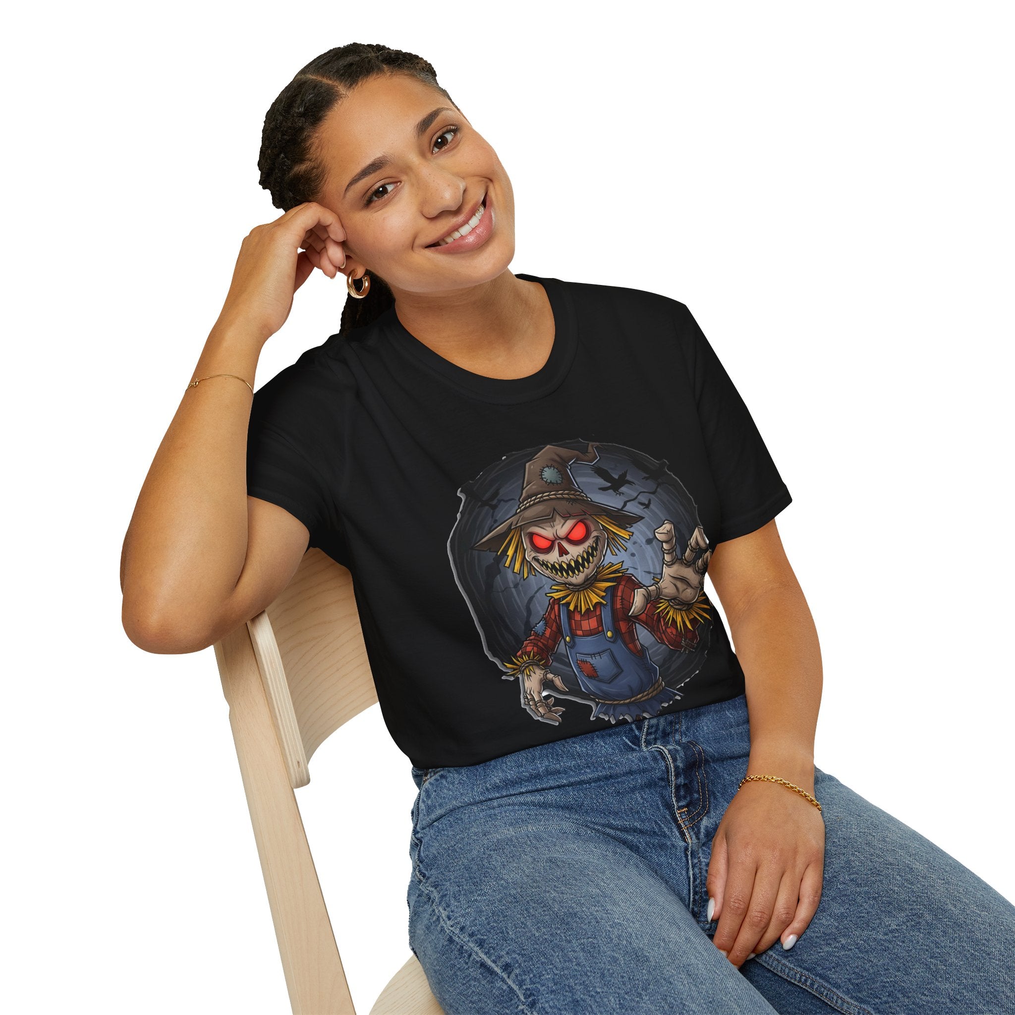 Spooky Scarecrow T-Shirt, Halloween Shirt, Scary Graphic Tee, Unisex Softstyle T-Shirt, Fall Fashion, Gift for Horror Fans
