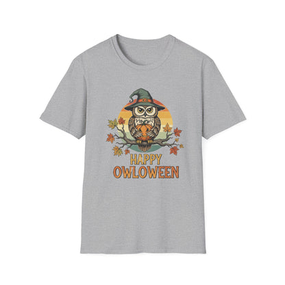 Halloween Happy Owl O Ween Graphic Tee, Casual Fall T-Shirt, Seasonal Gift, Unisex Halloween Shirt, Fun Halloween Outfit