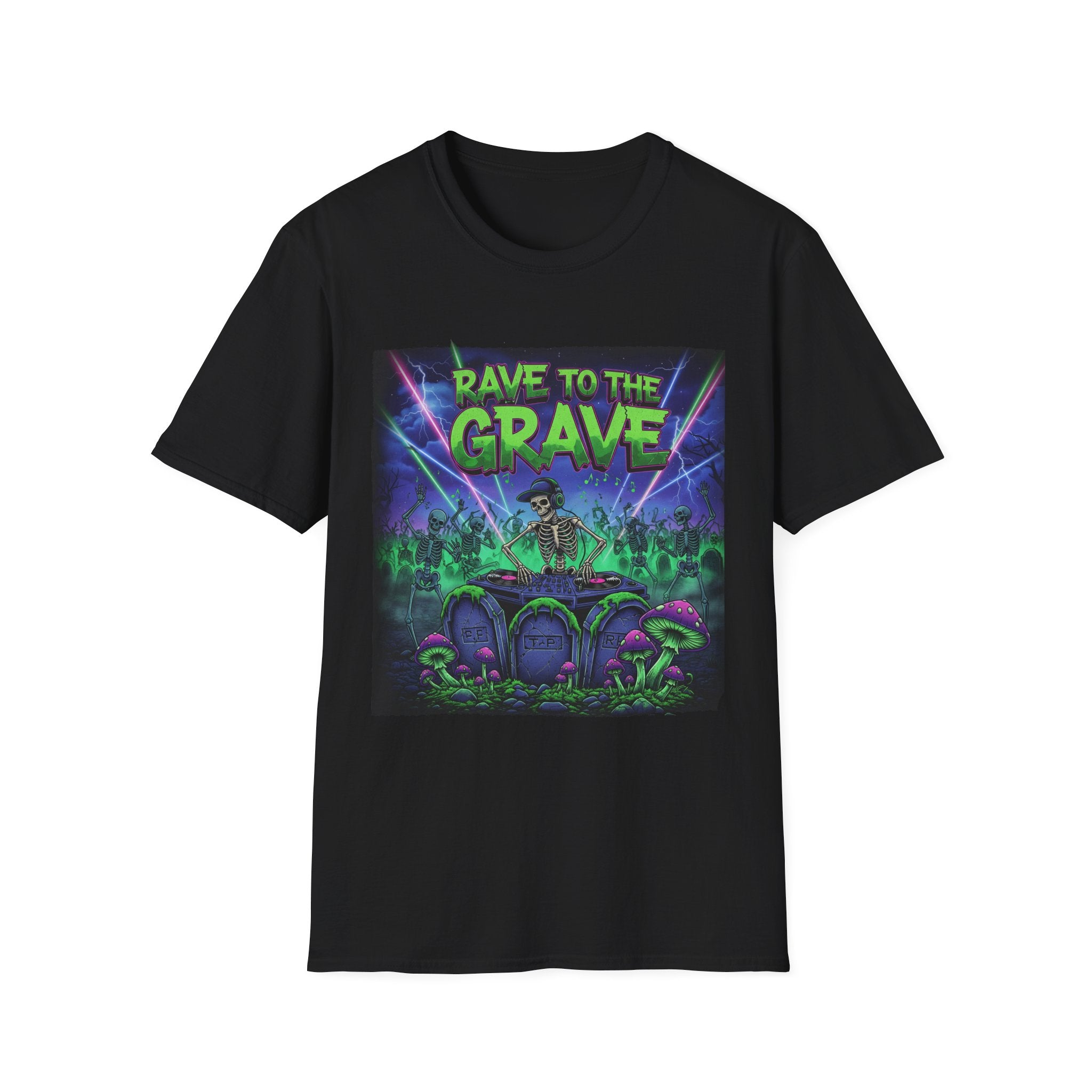 Rave to the Grave Unisex Softstyle T-Shirt | Festival Tee, Edgy Graphic Shirt, Concert Outfit, Alternative Apparel, Unique Gift