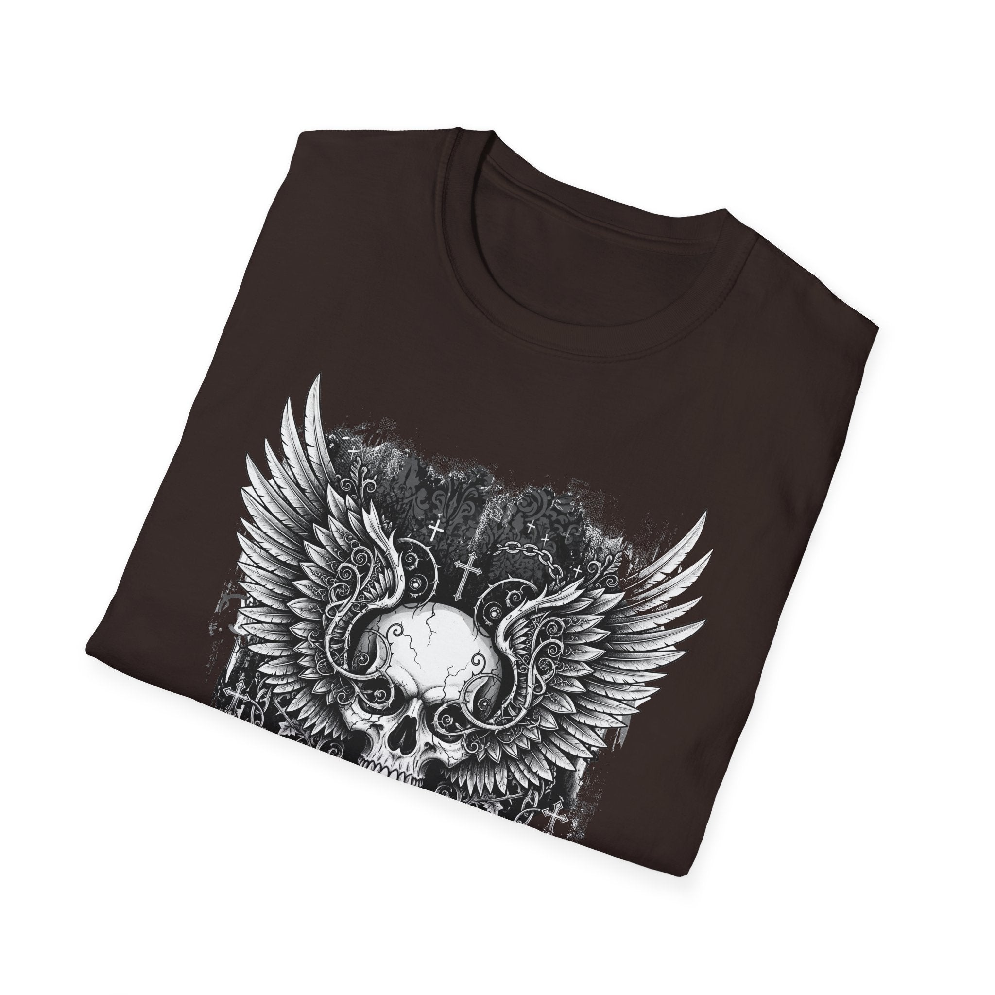 Gothic Winged Skull T-Shirt | Unisex Graphic Tee for Music Lovers, Halloween, Casual Wear, Gift for Him & Her